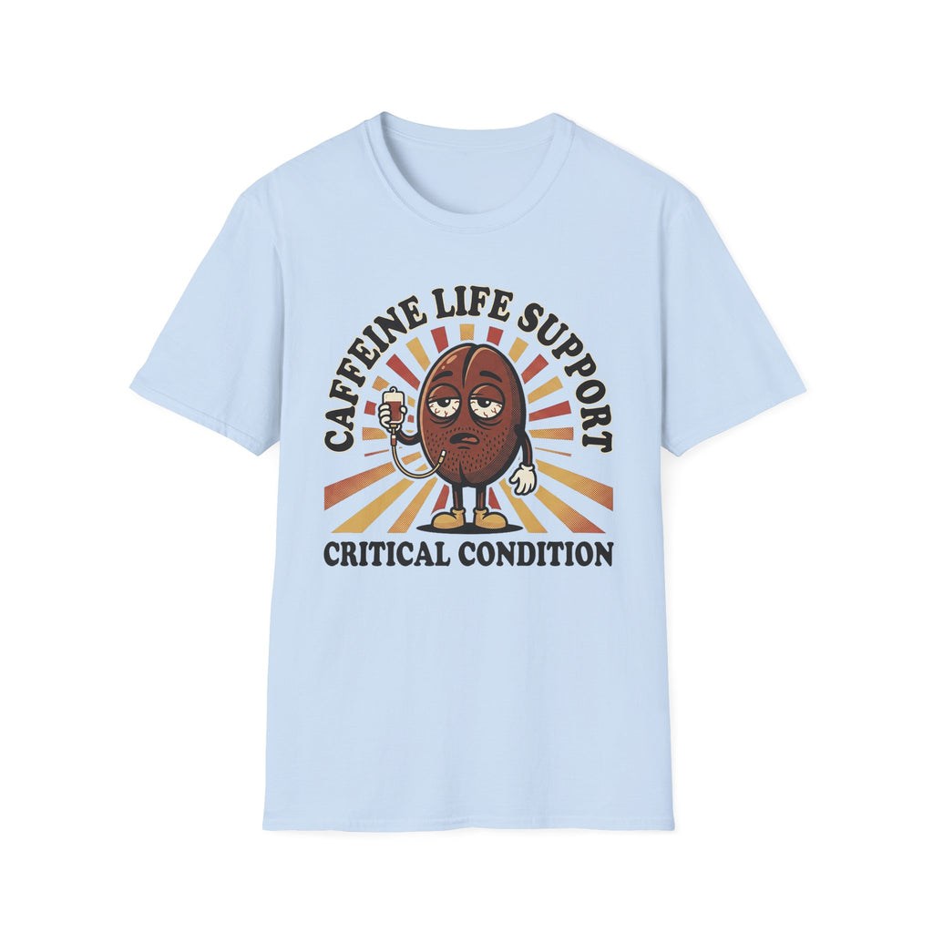 Light blue T-shirt with cartoon coffee bean and “CRITICAL CONDITION” graphic