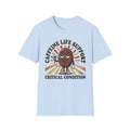 Light blue T-shirt featuring coffee bean cartoon and “CRITICAL CONDITION” print