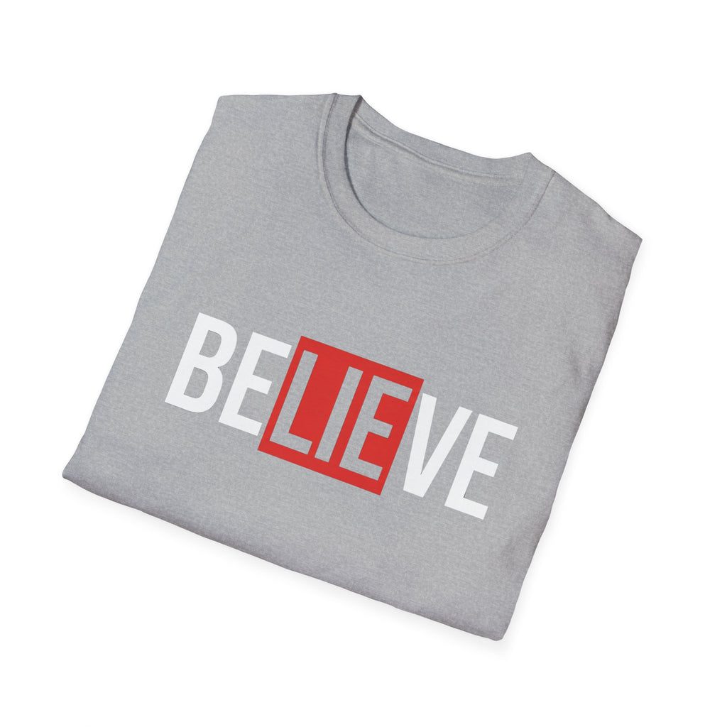 Sport grey folded T-shirt with 'BELIEVE' text graphic in red and white