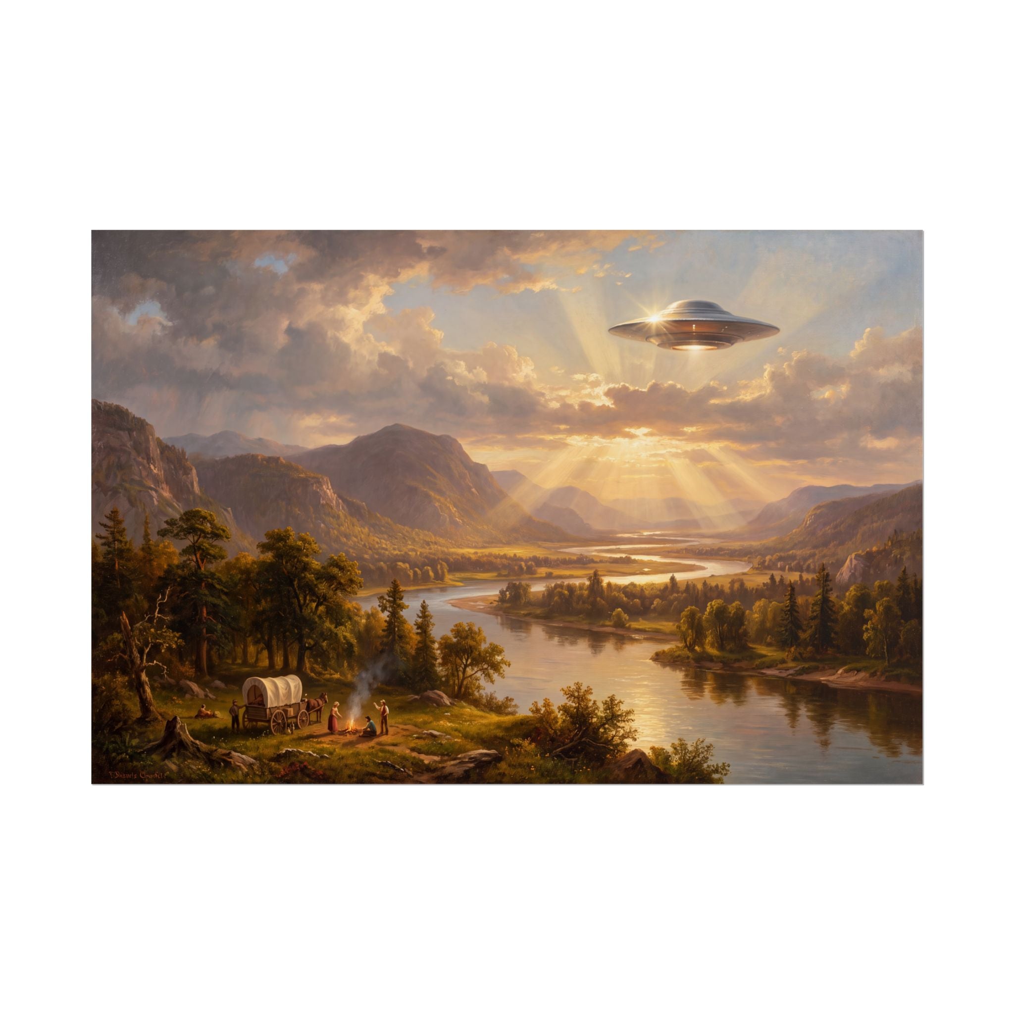 Landscape poster showing river valley sunset, UFO hovering over distant mountains