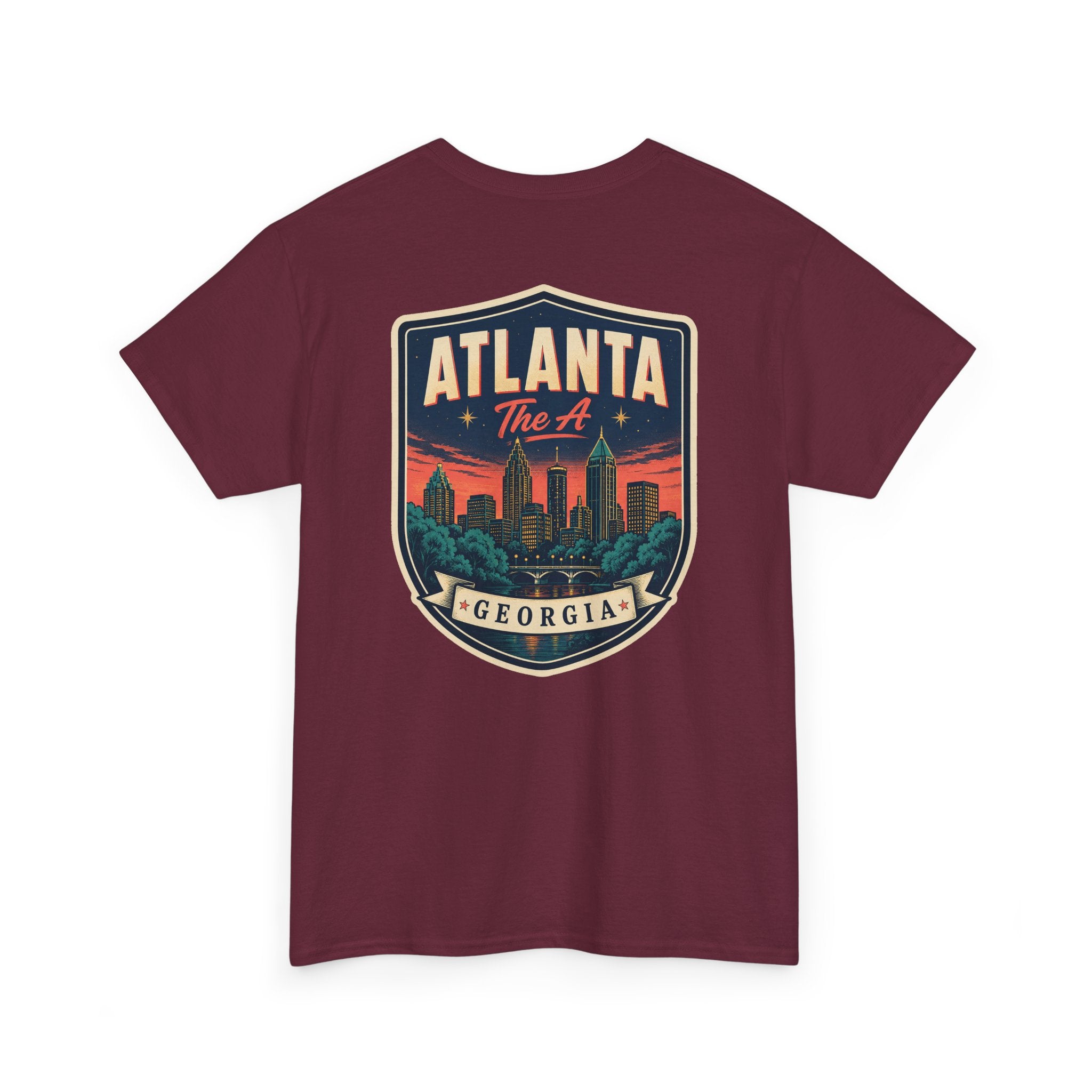 Maroon T-shirt with Atlanta Georgia skyline badge print