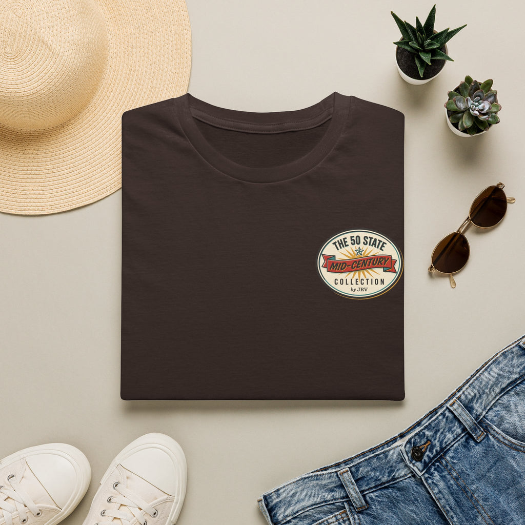 Dark brown T-shirt with small circular logo patch on left chest