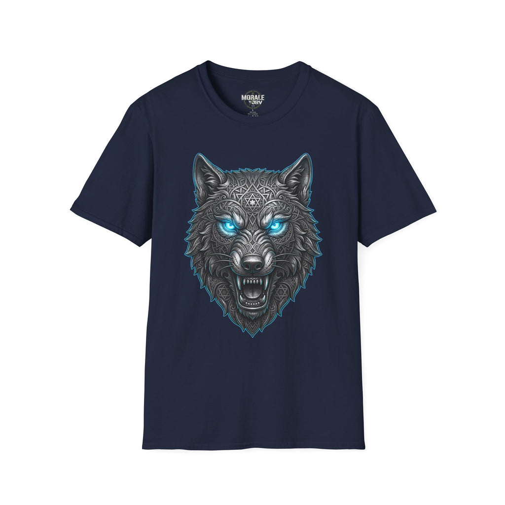 Navy T-shirt featuring glowing blue-eyed wolf head illustration with ornate texture