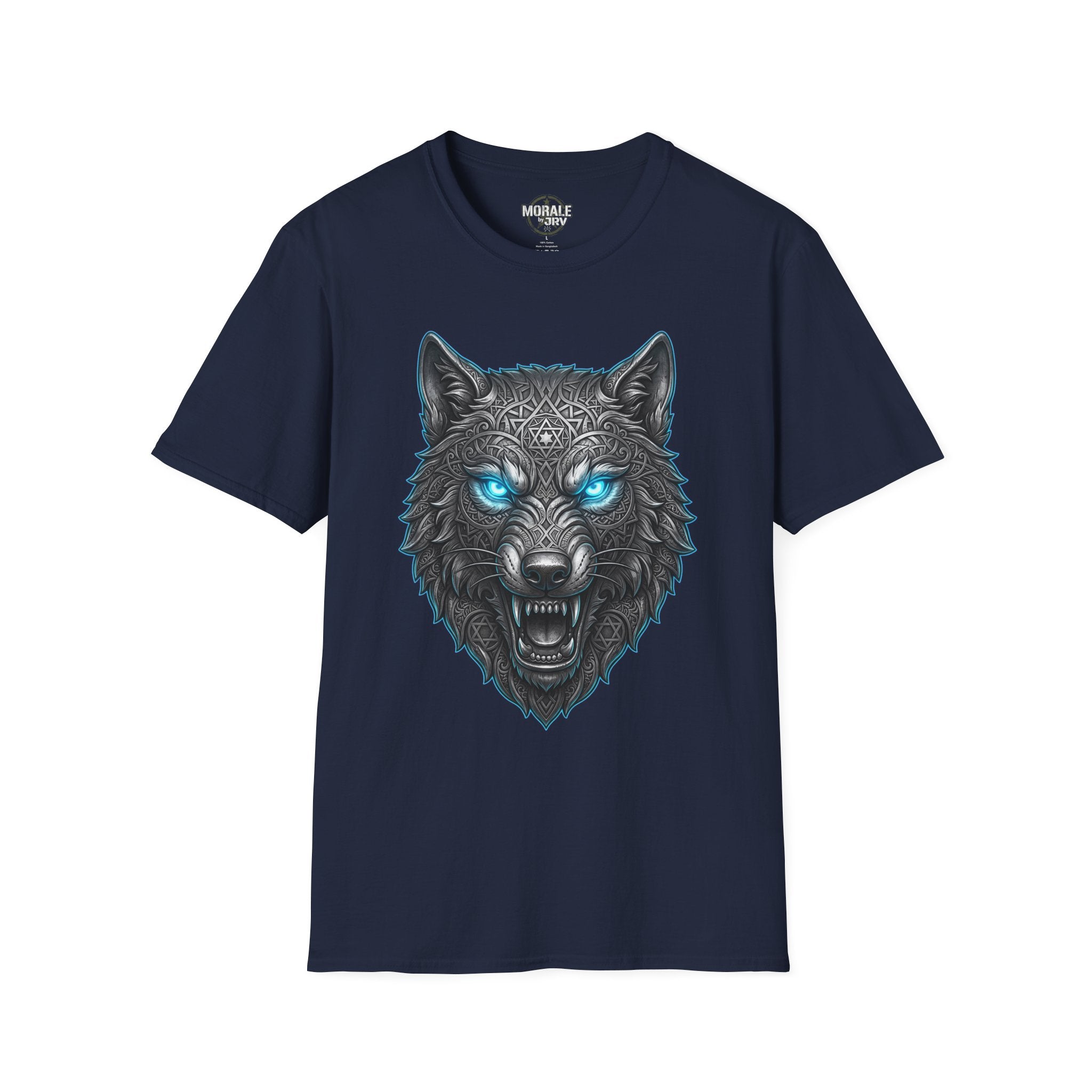 Navy T-shirt featuring glowing blue-eyed wolf head illustration with ornate texture