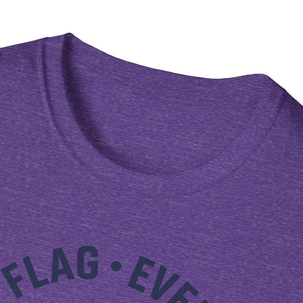 Purple crew-neck t-shirt with partial "FLAG EVERY ERA" print near neckline