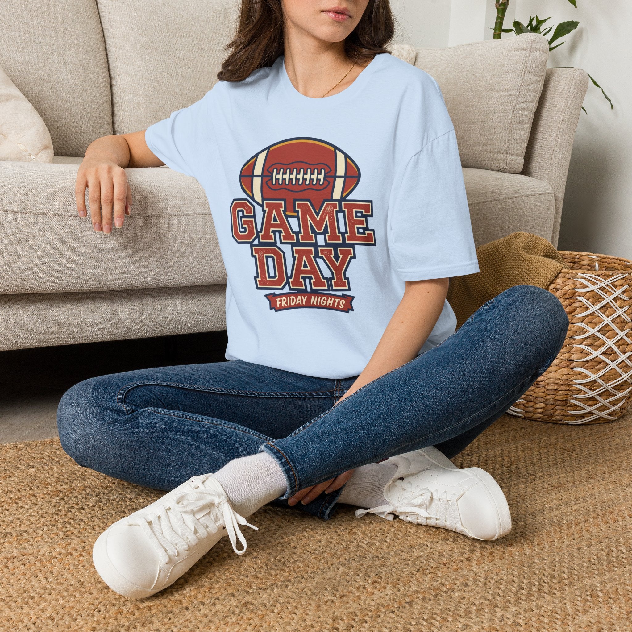 Light blue game day football T-shirt with vintage graphic and crew neck