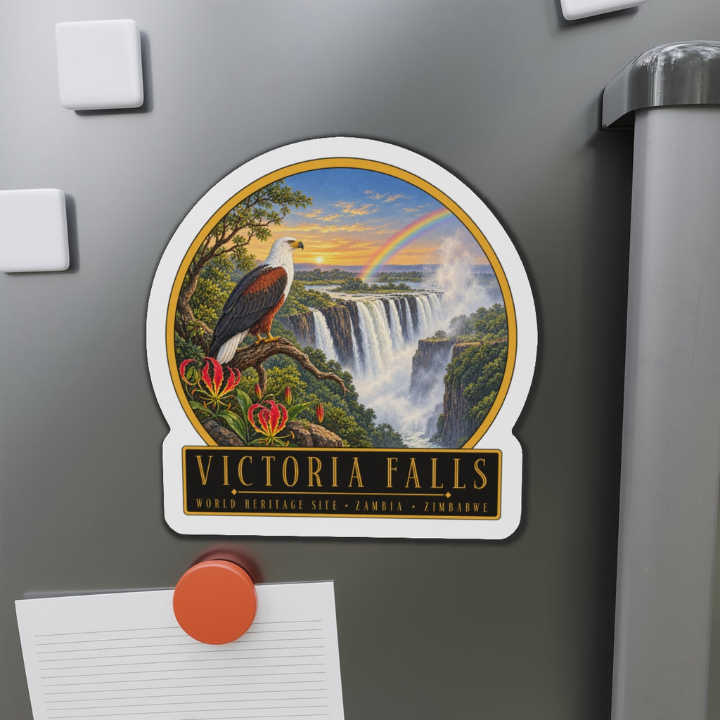 Die-cut vinyl magnet featuring waterfall and bird perched on plants with rainbow