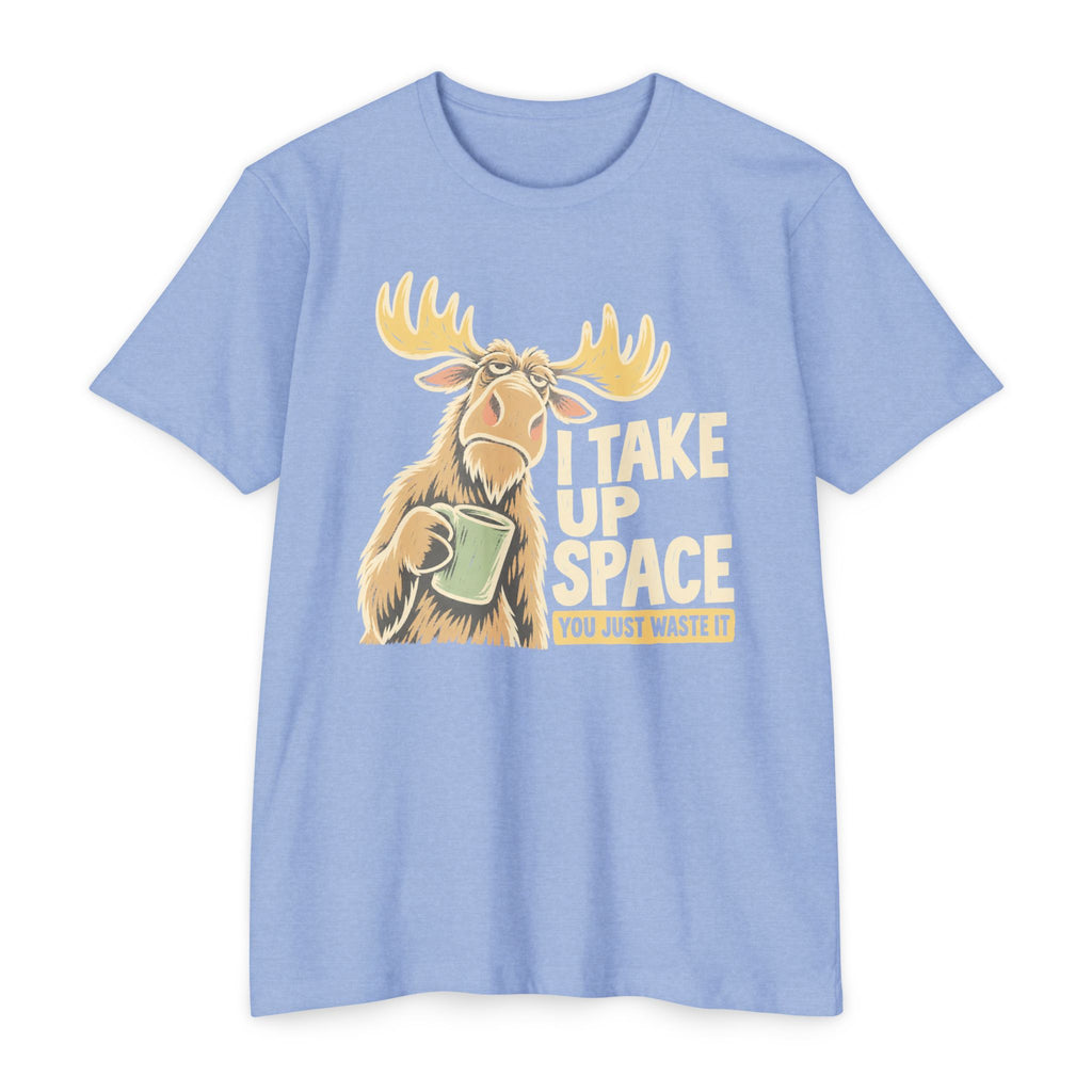 Moose graphic T-shirt in light blue with “I TAKE UP SPACE” print