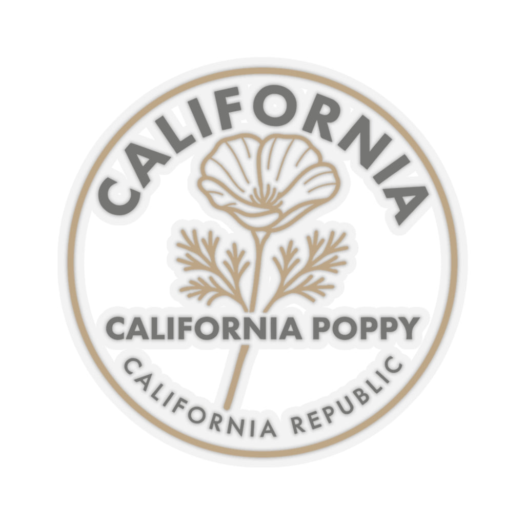 California poppy circular sticker decal, beige floral art with California Poppy text