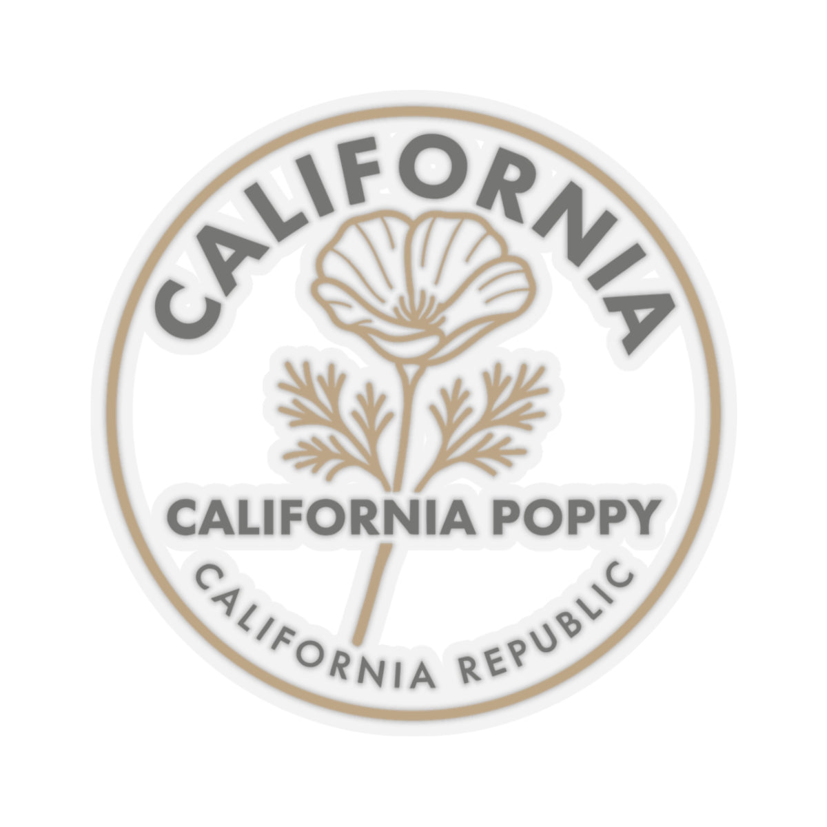 California poppy circular sticker decal, beige floral art with California Poppy text