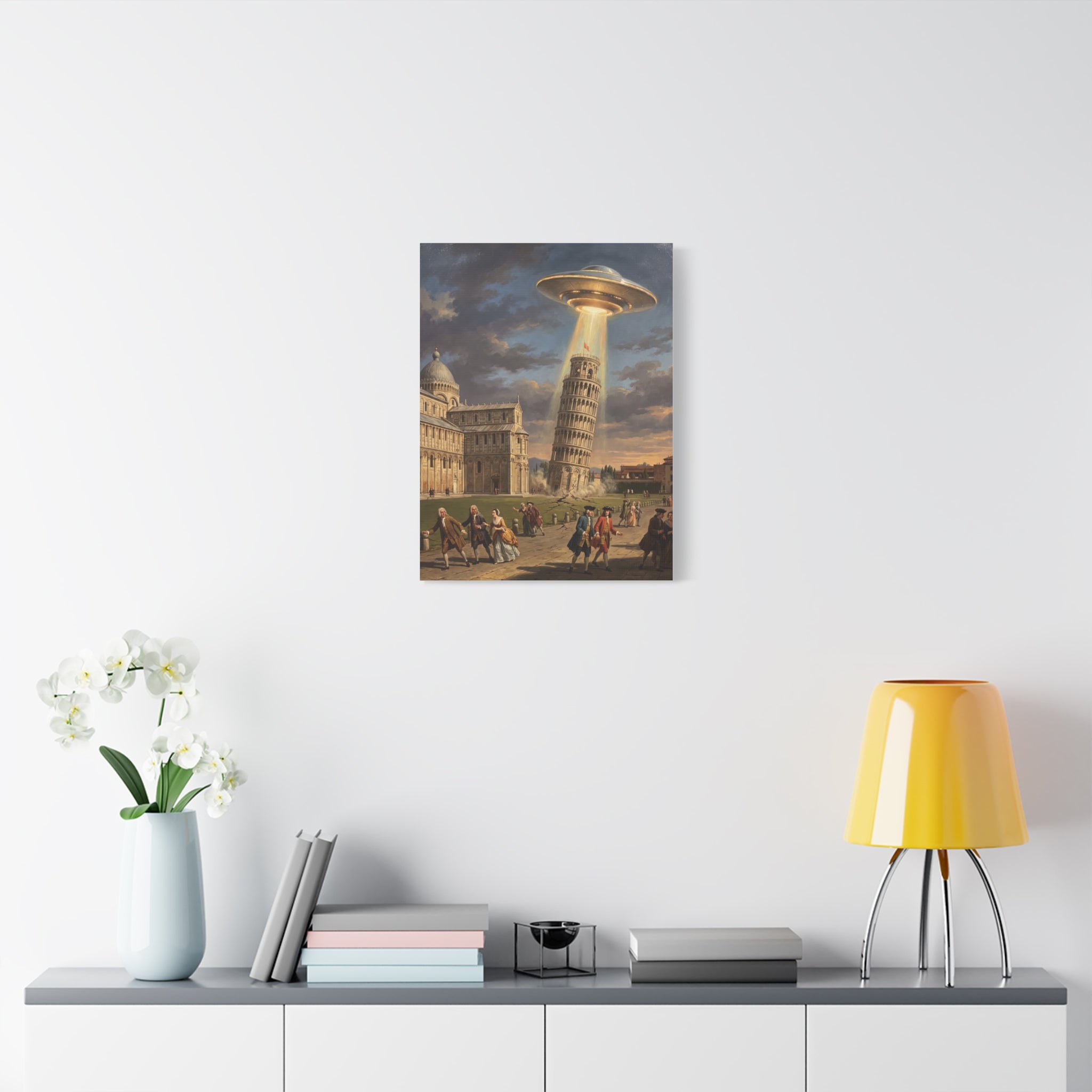 Square canvas wall art showing a glowing UFO hovering over the Leaning Tower and onlookers