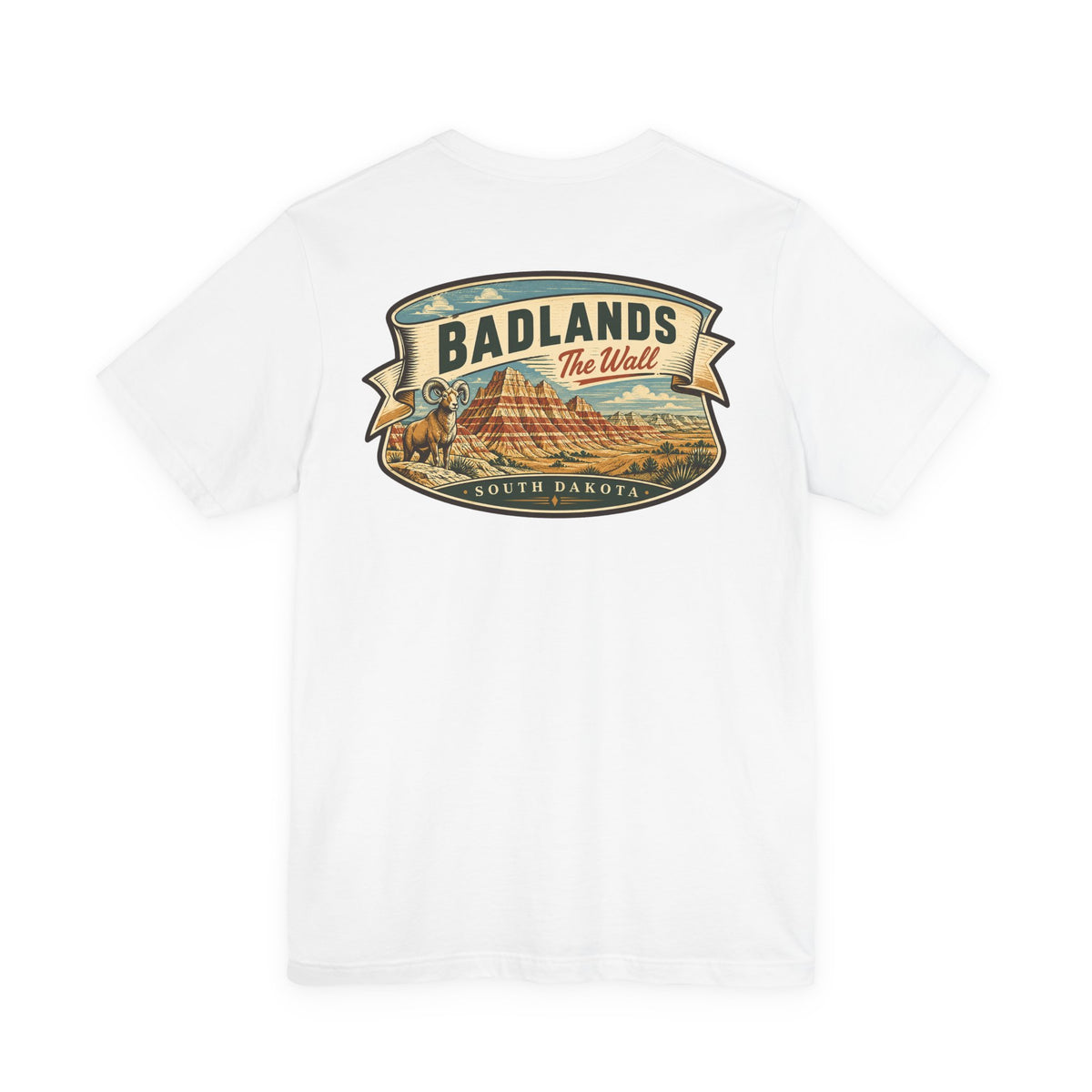 White graphic t-shirt with centered Badlands ribbon landscape print
