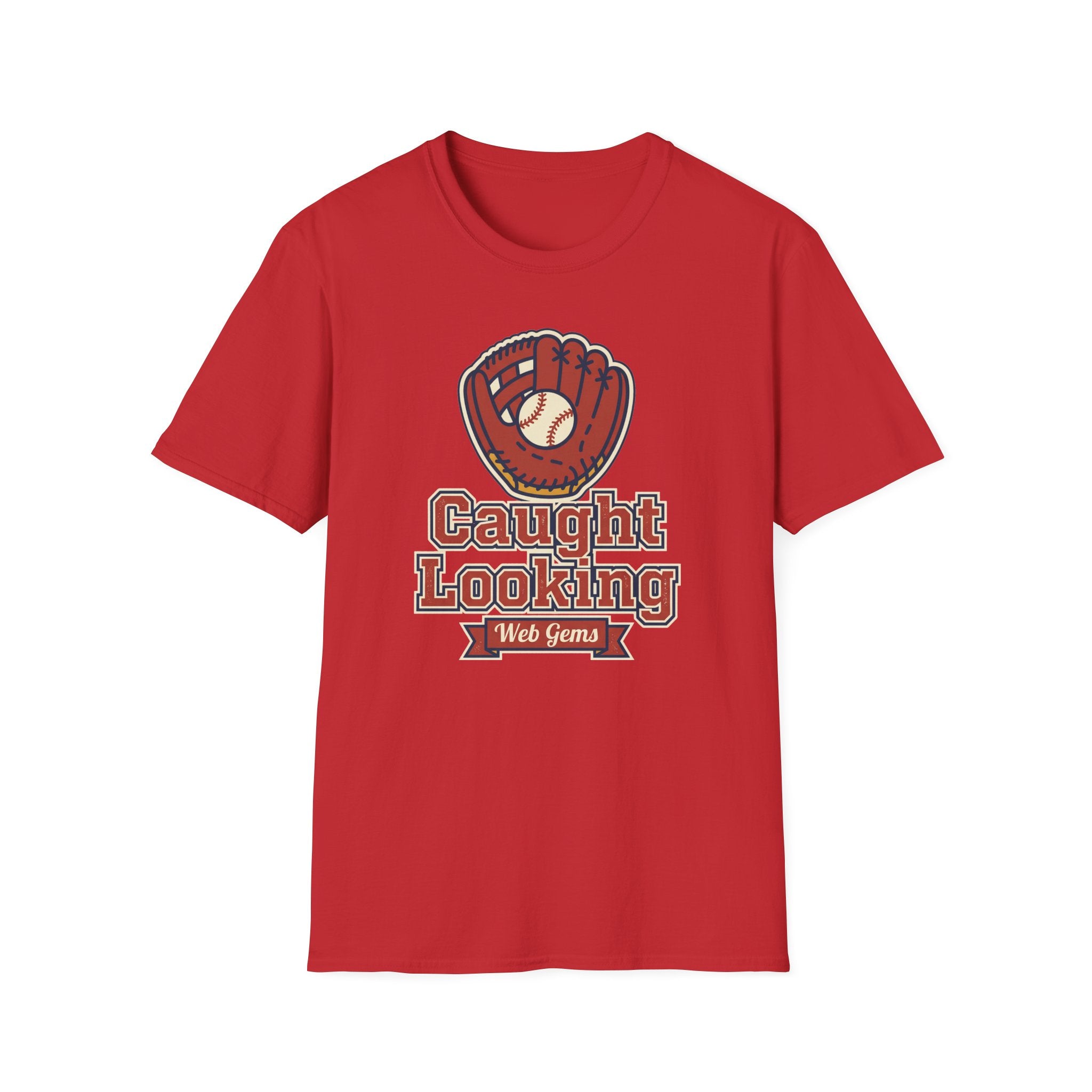 Red baseball T-shirt with glove graphic and 'Caught Looking Web Gems' print