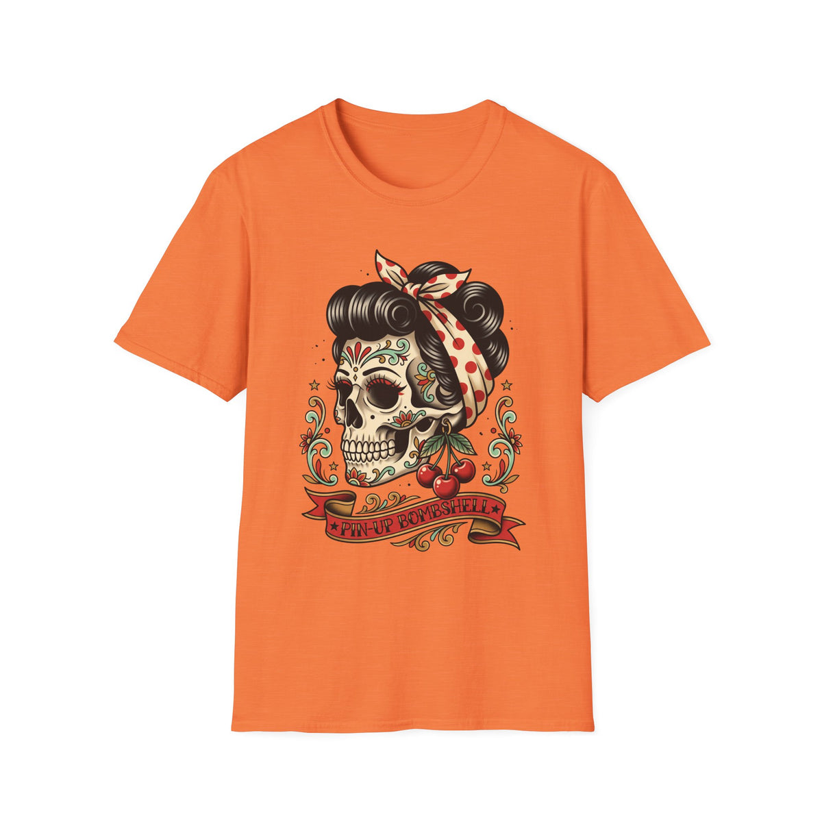 Women's short-sleeve T-shirt, orange, front sugar skull graphic with ribbon banner