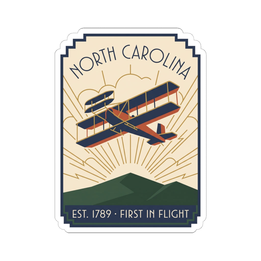North Carolina biplane vintage art die-cut vinyl sticker with Est. 1789 inscription