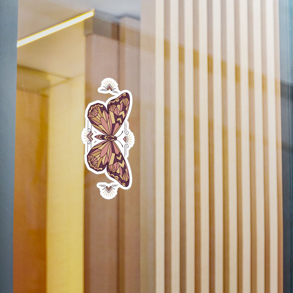 Geometric butterfly vinyl decal sticker, vertical layout with purple-pink geometric wings