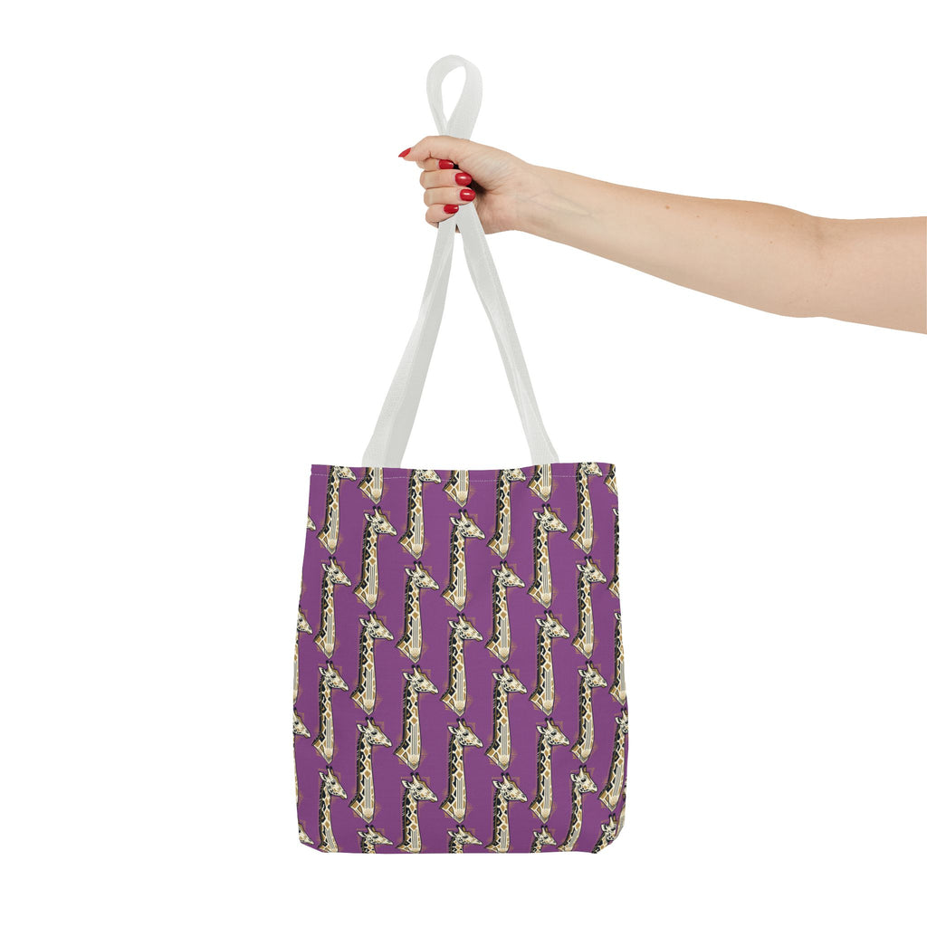 Purple saxophone patterned tote bag with white handles held overhead