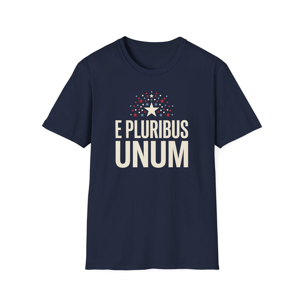 Navy T-shirt with 'E PLURIBUS UNUM' star and text graphic