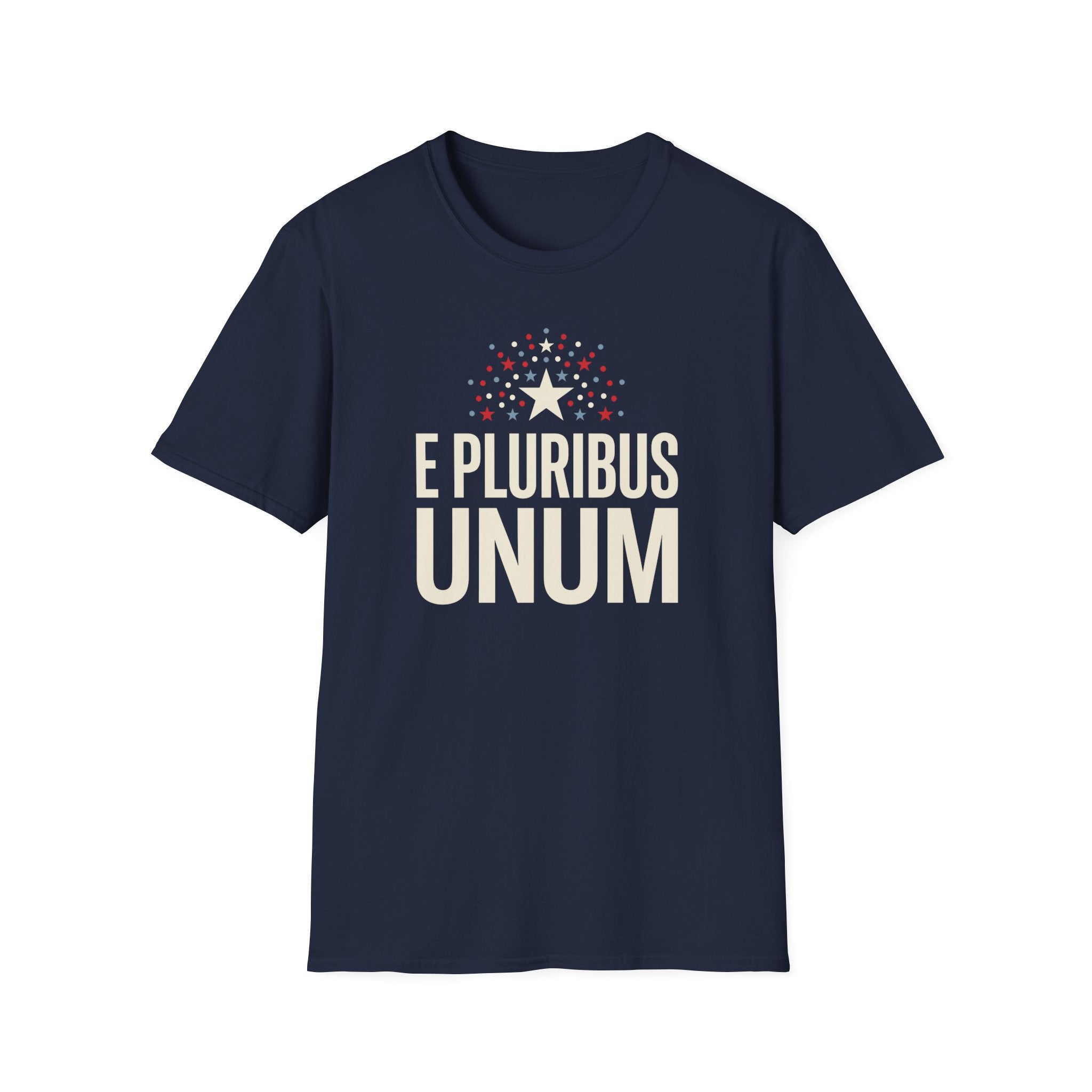 Navy T-shirt with 'E PLURIBUS UNUM' star and text graphic