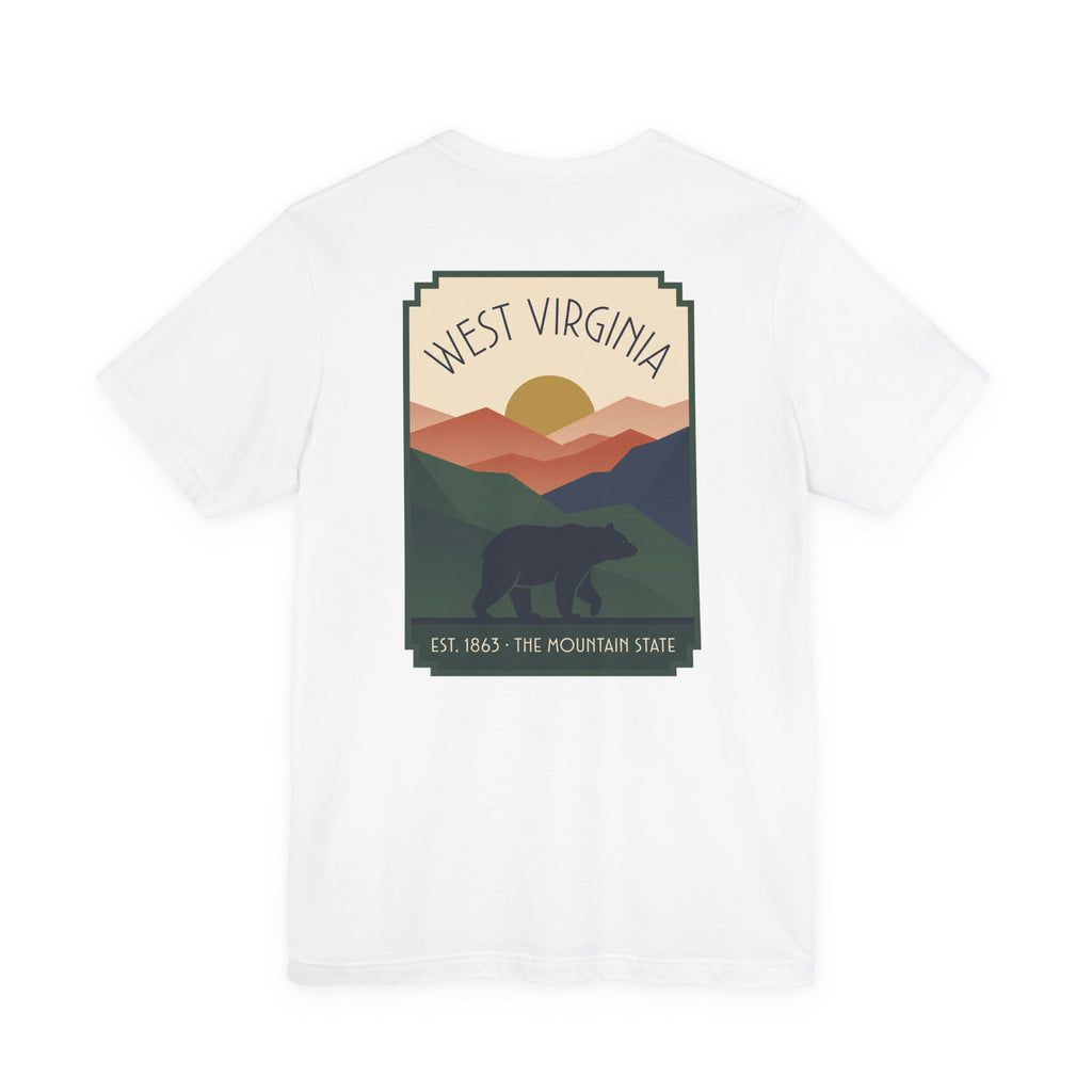 White T-shirt with West Virginia bear and mountain graphic on the front.