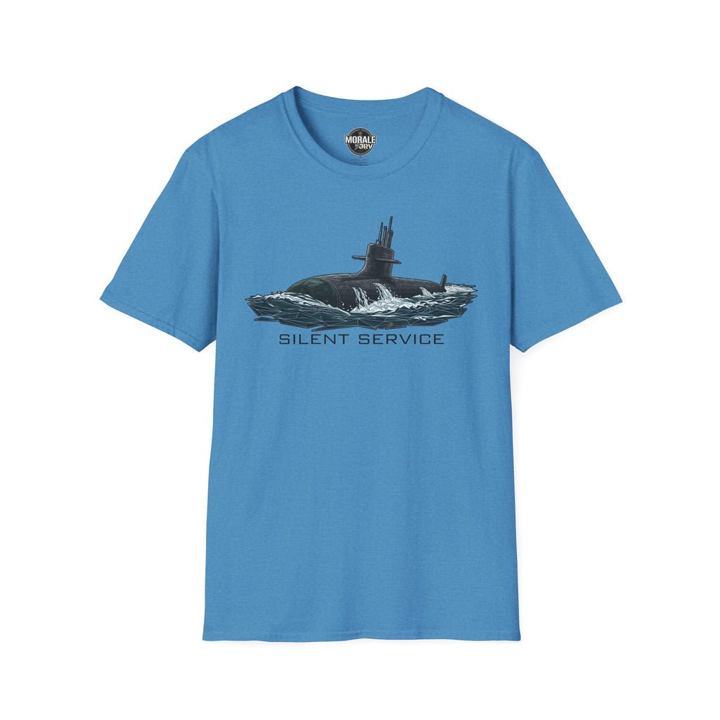 Silent Service T-shirt in blue, submarine graphic and “SILENT SERVICE” text