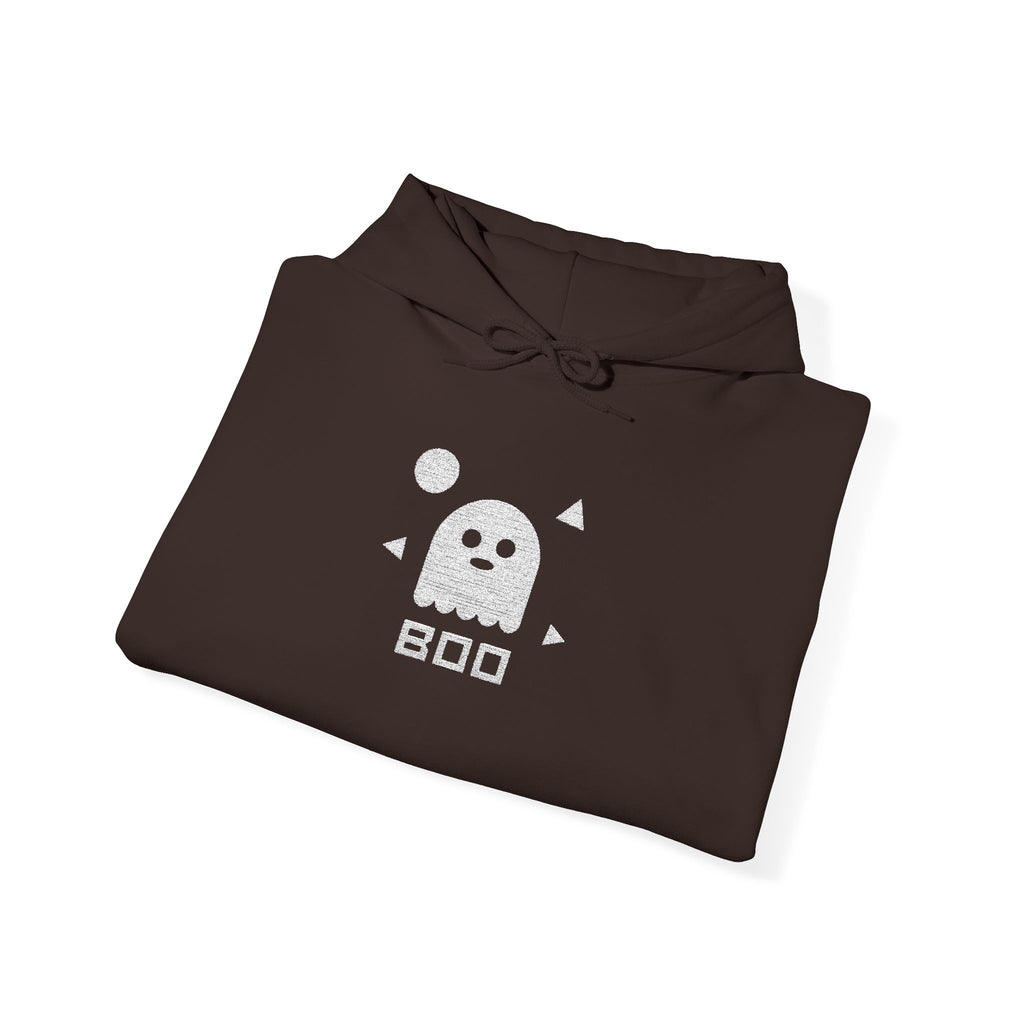 Dark brown hoodie with ghost graphic on front, pullover hood and drawstring