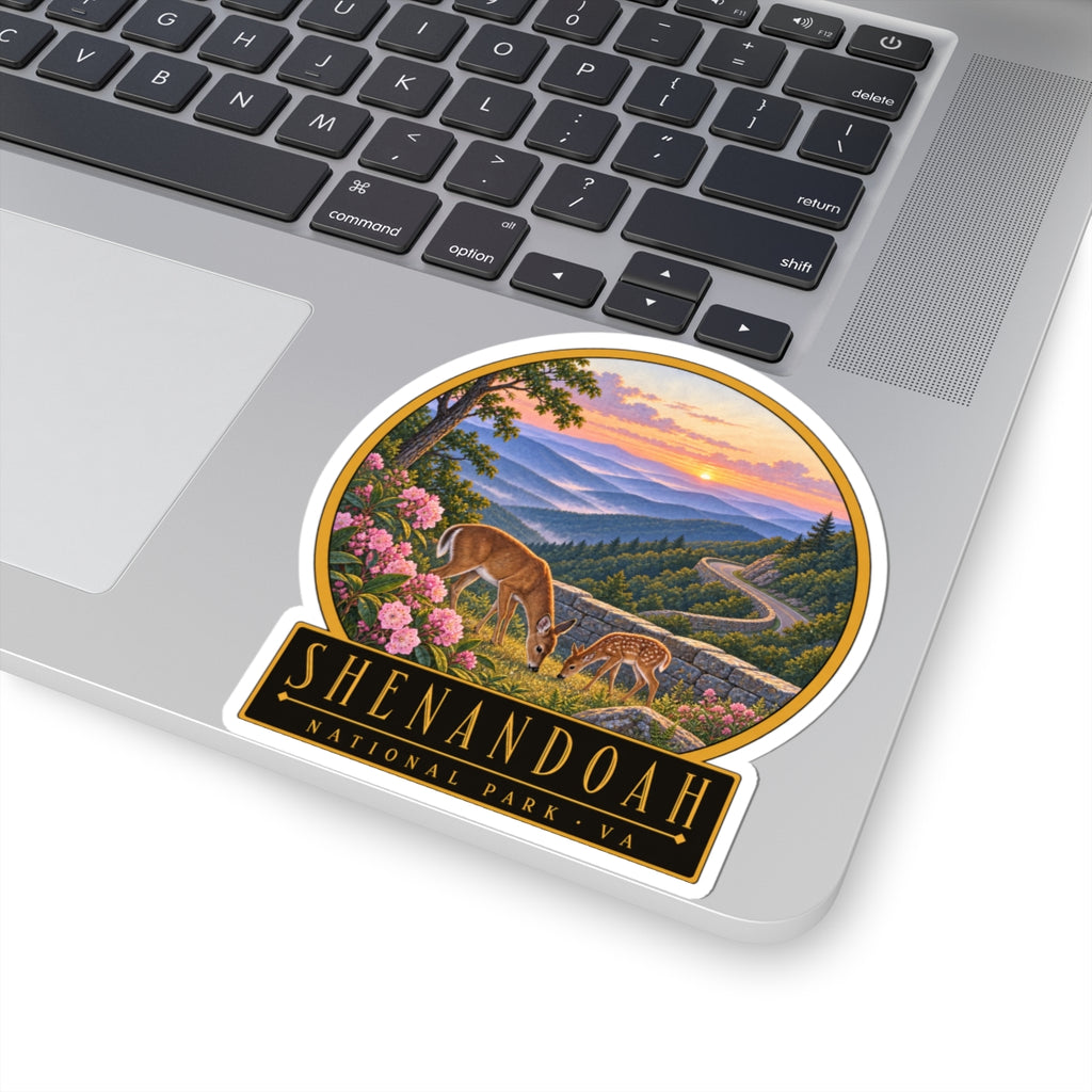 Round deer sticker with scenic road through hills at sunset, featuring SHENANDOAH NATIONAL PARK VA