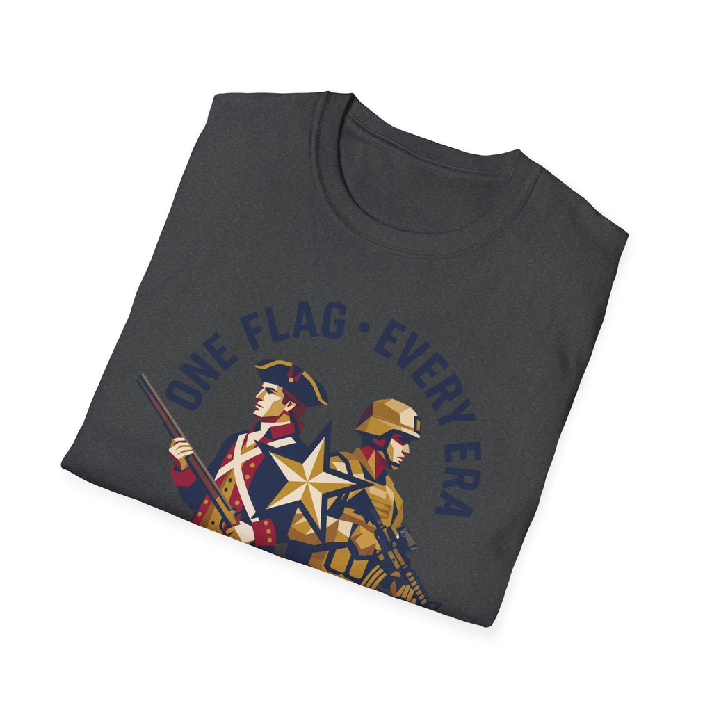 Dark heather military graphic t-shirt with soldier and "ONE FLAG EVERY ERA" print