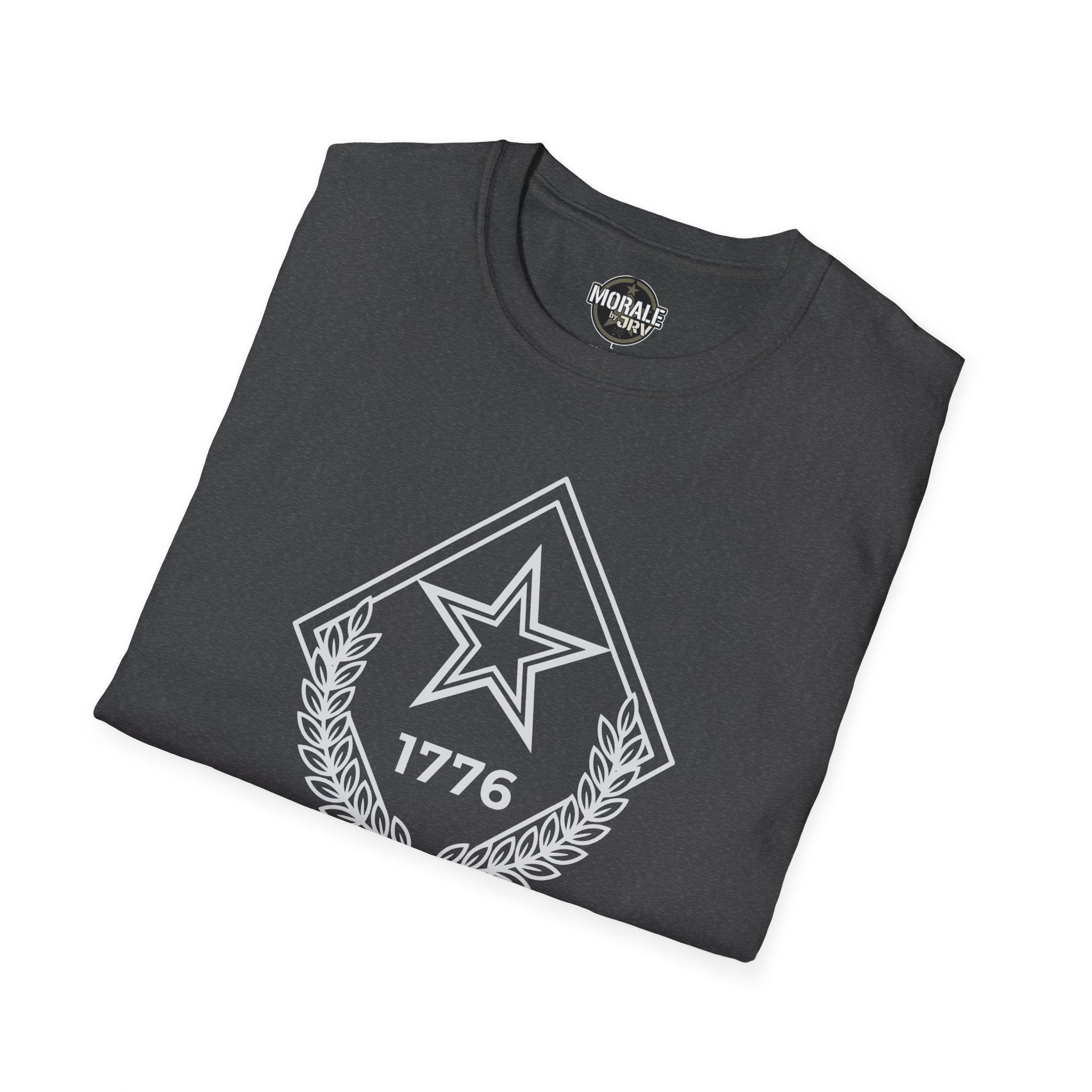 Dark heather t-shirt with outlined star laurel emblem and “1776” on chest
