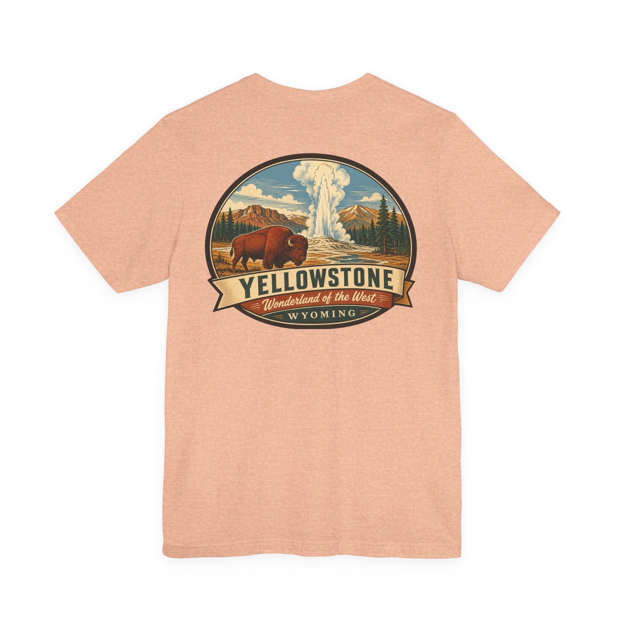 Heather peach t-shirt with circular bison and geyser Yellowstone graphic on chest