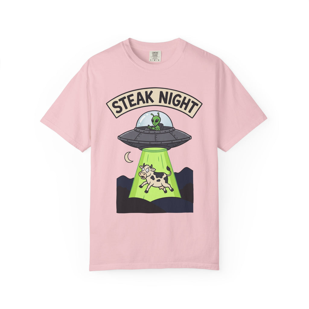 Light pink T-shirt front with Steak Night alien UFO and cow graphic