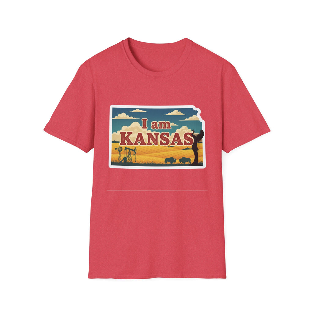 Red I am Kansas T-shirt with colorful prairie scene and Kansas text graphic