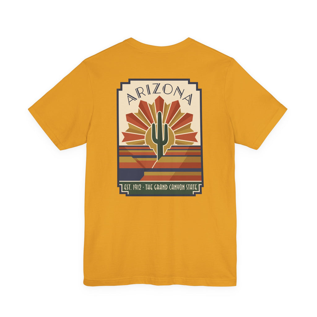 Mustard yellow t-shirt with Arizona cactus art graphic in sunburst frame