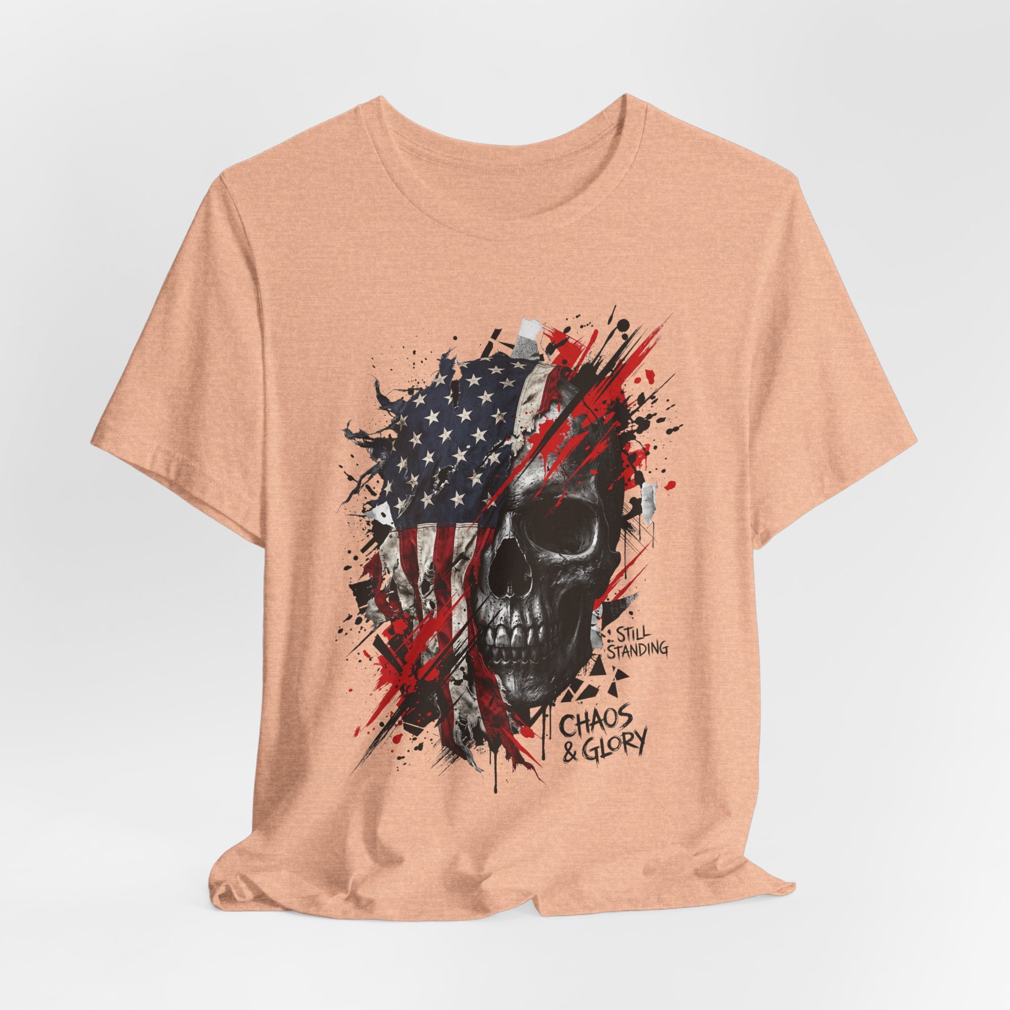 Peach crewneck T-shirt with skull-and-flag graphic in red, white, and blue