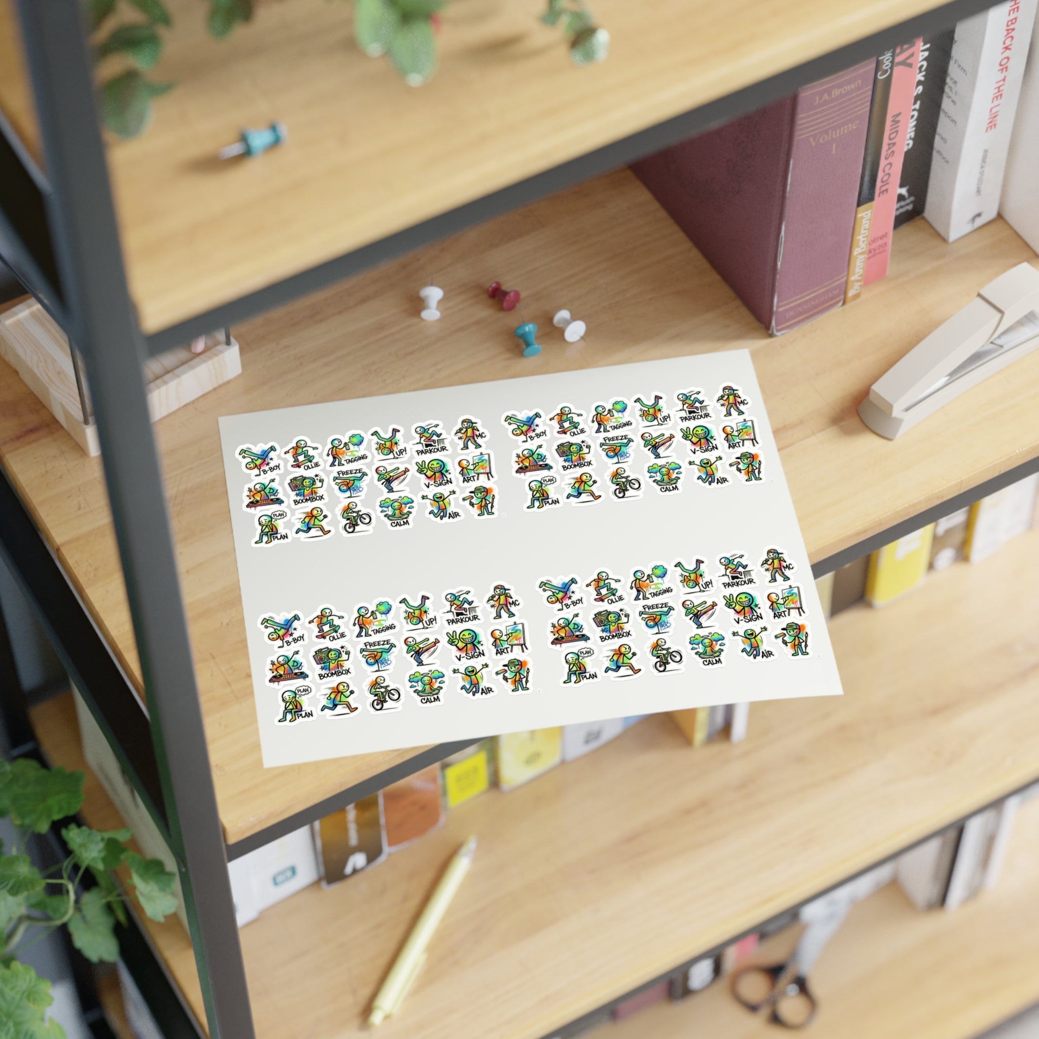 Sticker sheet with small die-cut character icons on a tabletop