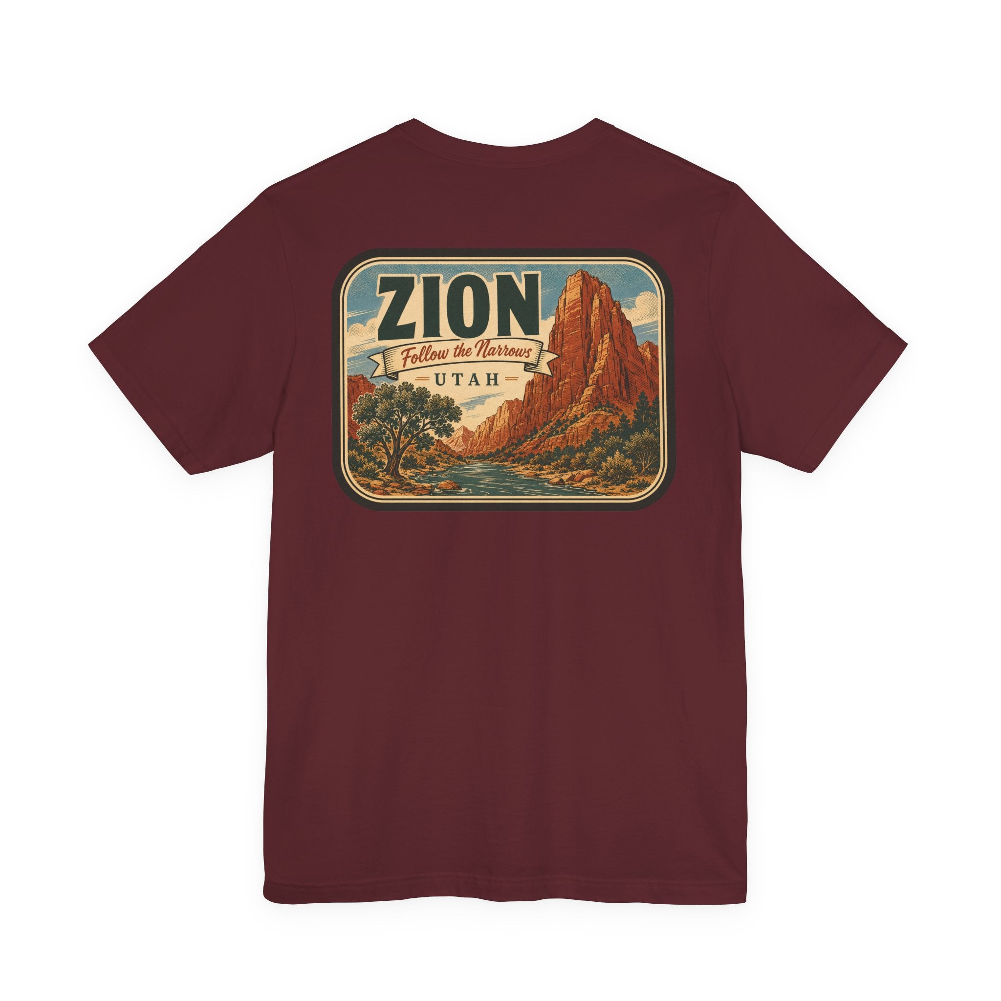 Burgundy T-shirt with large rectangular Zion Utah landscape graphic on front