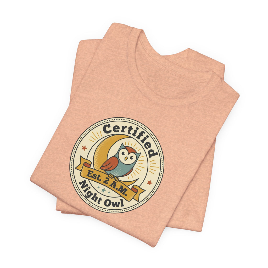 Peach Night Owl badge graphic T-shirt with round Certified logo on chest