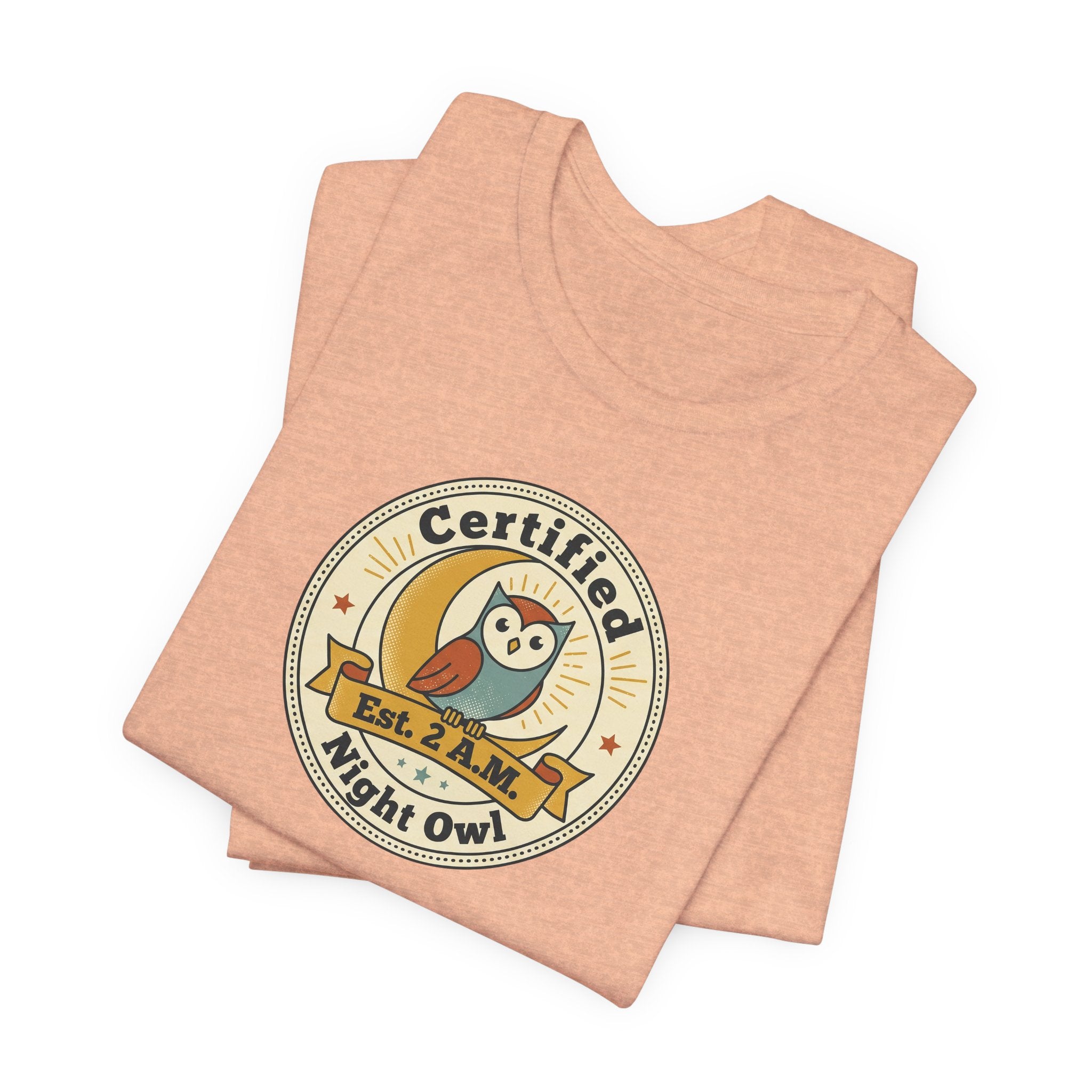 Peach Night Owl badge graphic T-shirt with round Certified logo on chest
