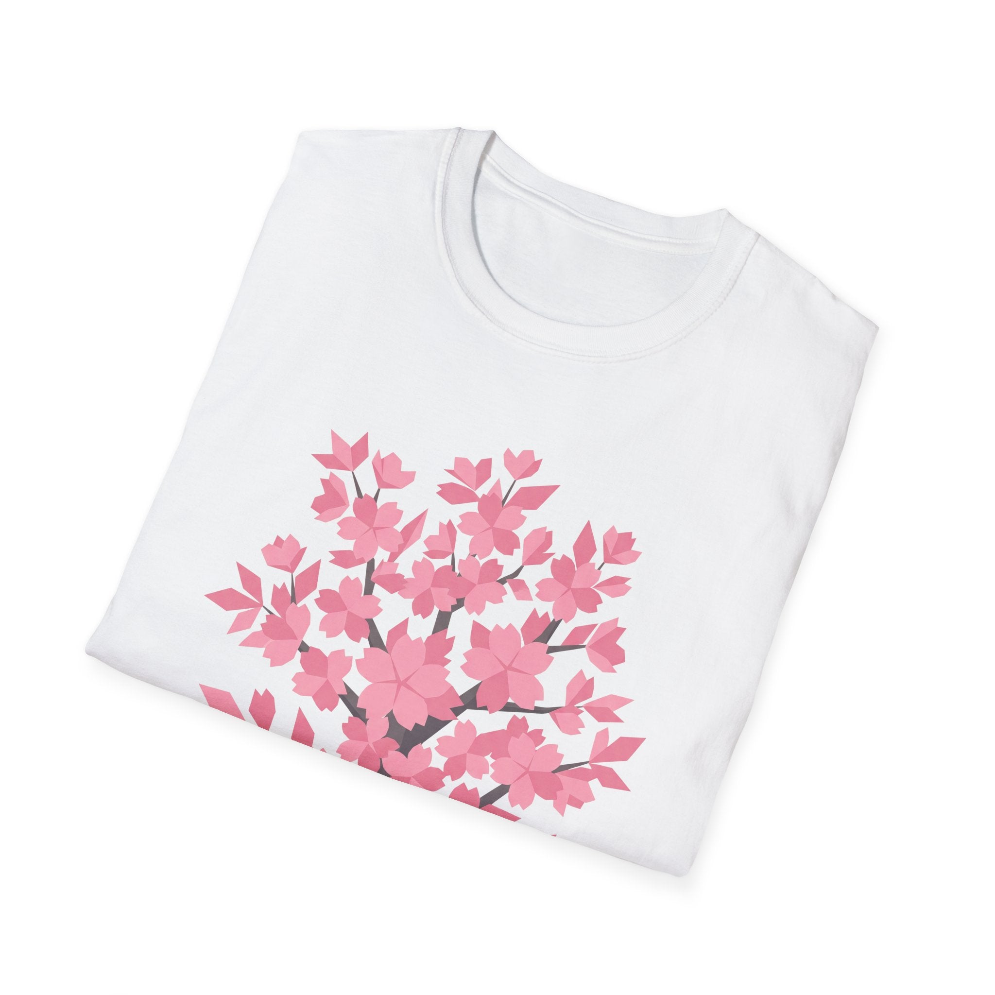 White T-shirt with pink cherry blossom tree graphic on front