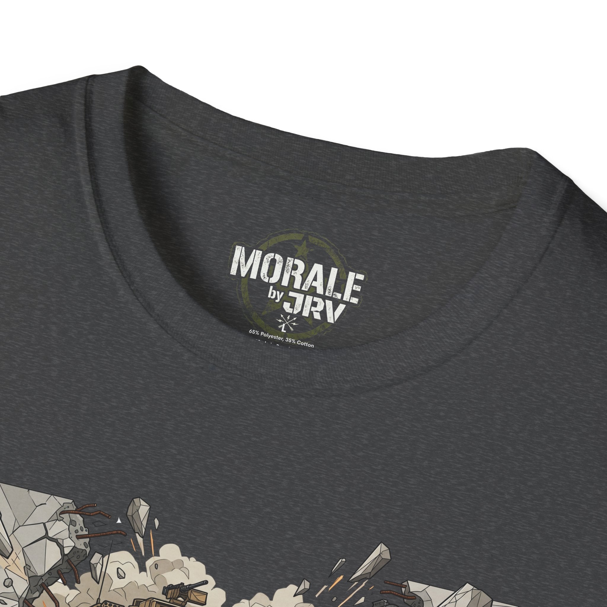 Dark heather shirt neckline with small “MORALE by TRV” logo