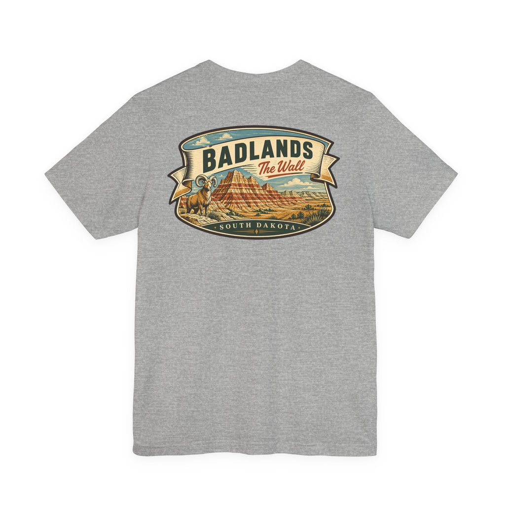 Heather gray graphic t-shirt with centered Badlands ribbon landscape logo