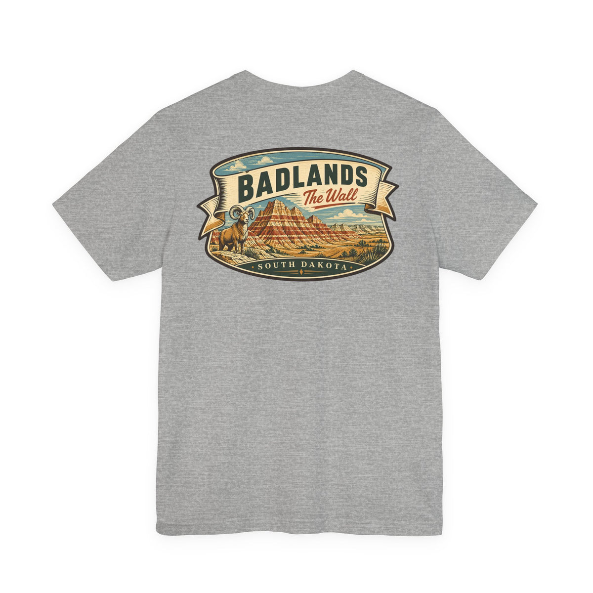 Heather gray graphic t-shirt with centered Badlands ribbon landscape logo