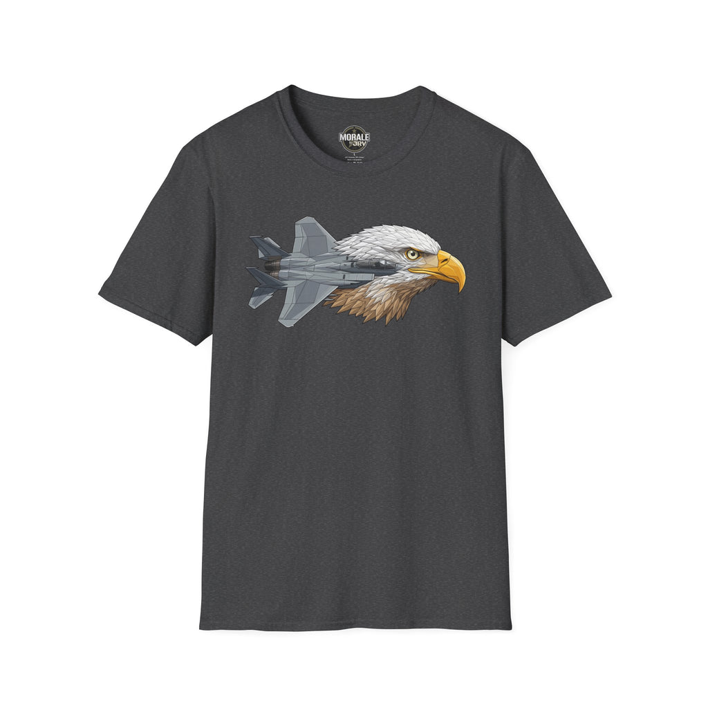 Dark heather T-shirt showing eagle head with fighter jet graphic