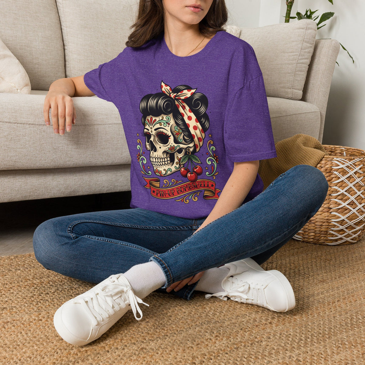 Purple women's crewneck T-shirt with colorful sugar skull pinup graphic on front