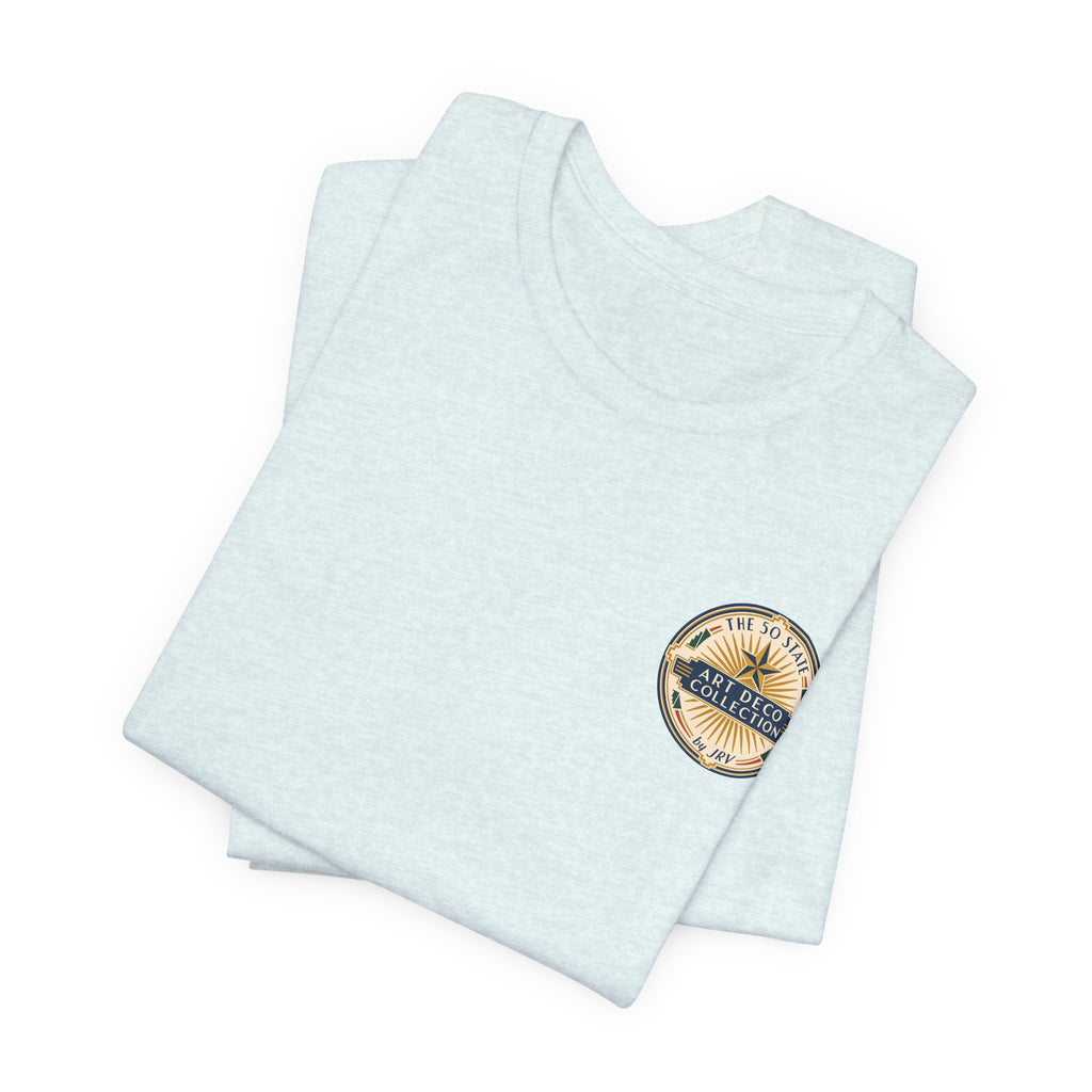 Light heather blue T-shirt set with small circular badge on left chest