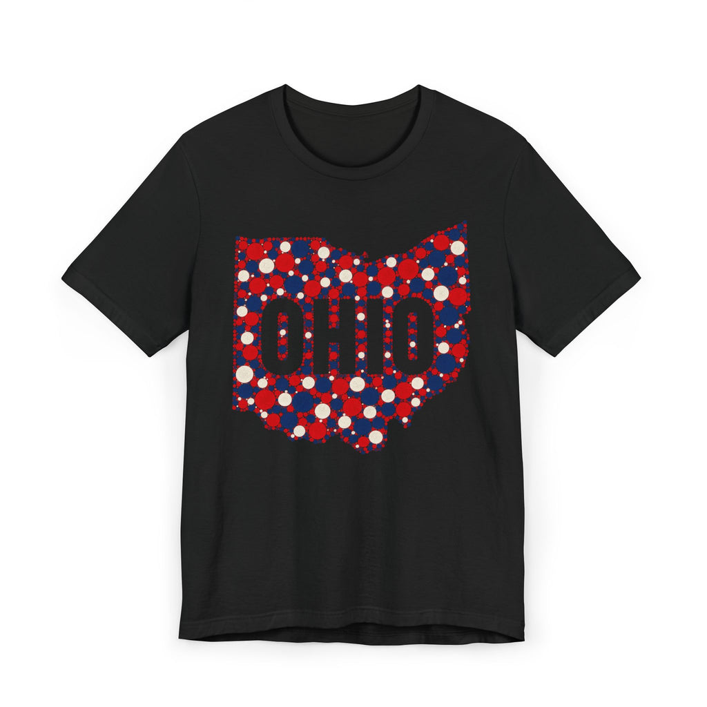 Black T-shirt with dotted polka graphic OHIO in red, white, and blue