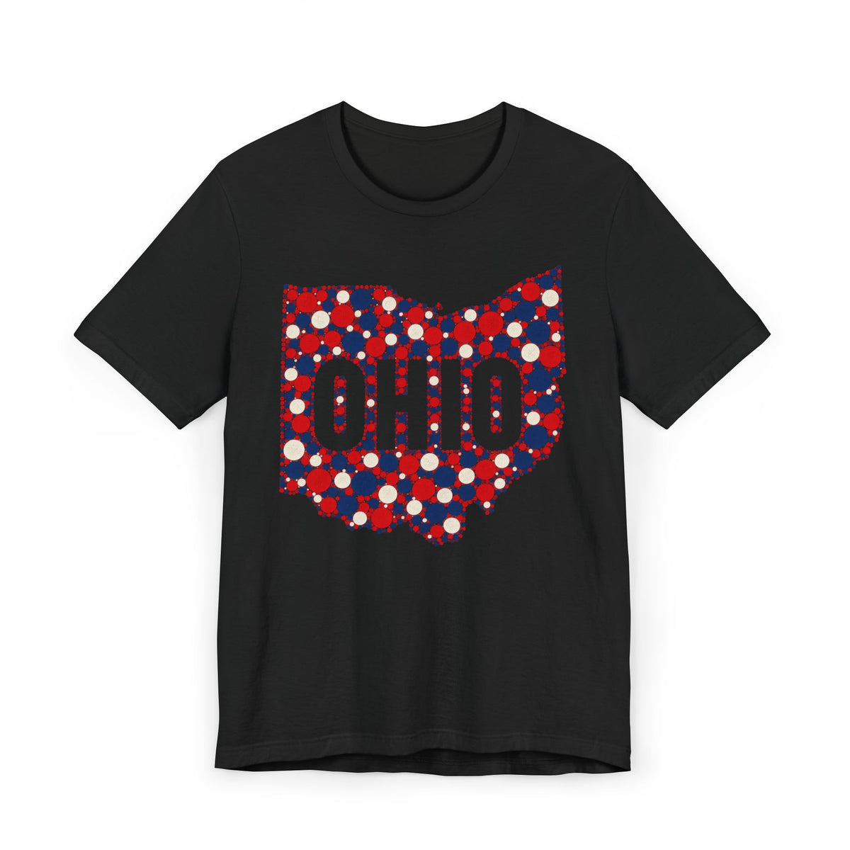 Black T-shirt with dotted polka graphic OHIO in red, white, and blue