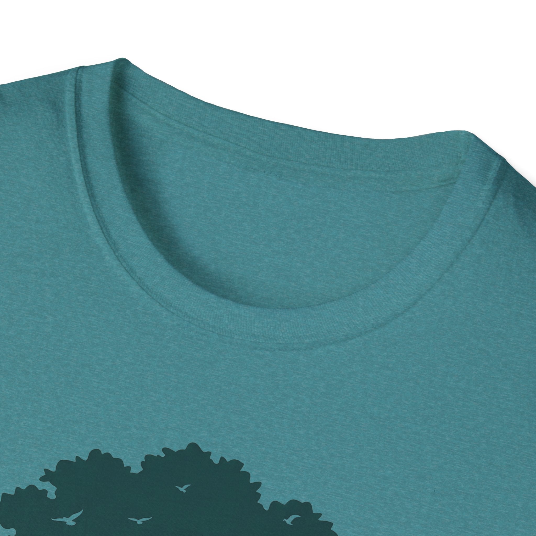 Teal T-shirt close-up of crew neck and fabric texture