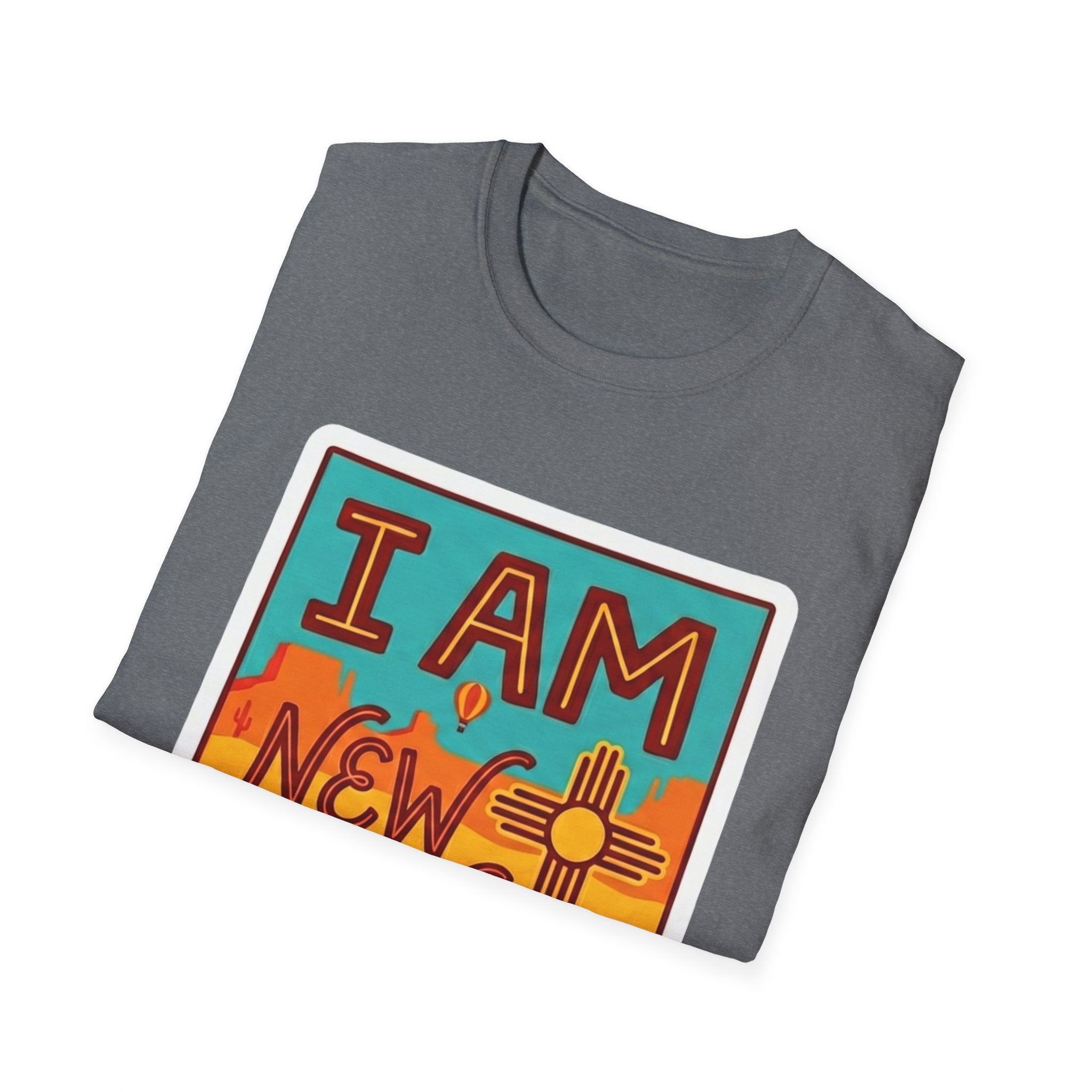 I Am New Mexico T-shirt in sport grey with colorful I AM NM Zia artwork front