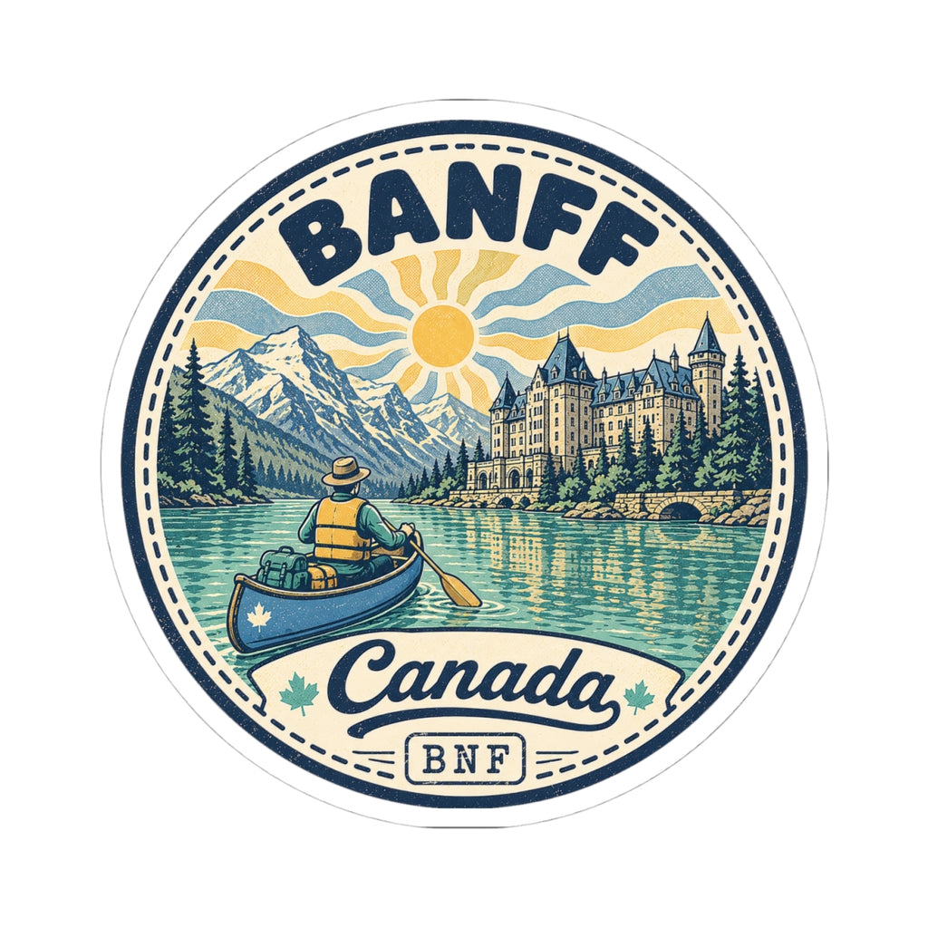 Banff Canada canoe lake sticker, circular design with mountains, lake water, and sun